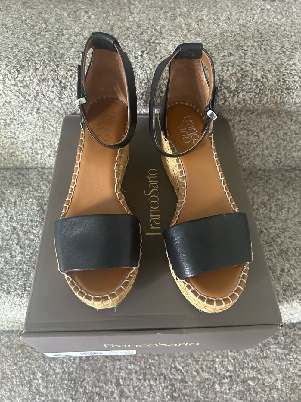 Franco Sarto Black Leather Espadrille Wedge Sandals with Ankle Strap